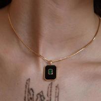 Emerald Zircon Black Epoxy Square Tag Pendant Necklace - Versatile Couple's Matching Chain