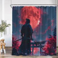 Japanese samurai shower curtain red full moon cherry blossom bathtub decorative polyester shower curtain with hook 120x180cm W120xH180cm