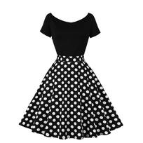 Women's Crewneck, Short Sleeve Stitching, Contrasting Vintage Polka Dot Dress, Oversized Skirt S juoda