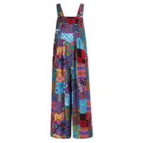 Women’s Summer Strapless Jumpsuit Vintage Floral Print Bib Design Sleeveless Wide Leg Casual Holiday Romper Playsuit XL mėlyna