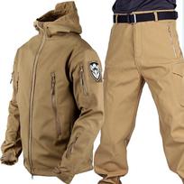 Ryklio odos šiltas striukės kostiumas vyriškas rudens ir žiemos vandeniui atsparus pastorintas Soft Shell kostiumas plius Velvet Cargo Pants 2 dalių rinkinys S ruda