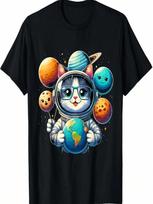 Space Astronaut Cat Planet Balloons Solar System Kids T-Shirt S įvairiaspalvis