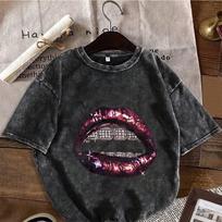 Vintage Washed Black Oversized T-Shirt Luxurious Diamond Lips Print Streetwear Cotton Short Sleeve Crewneck S