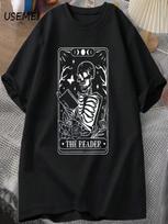 The Reader Tarot Card T-Shirt Skeleton Reading T Shirt Summer Cotton Book Lover Bookish Tshirt unisex Wounisex Unisex Oversized Tees S įvairiaspalvis