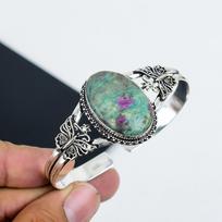 Dainty Ruby Fuchsite Gemstone Handmade 925 Sterling Silver Cuff Bangle, Ruby Fuchsite Bangle,For Wife, Unisex Bangle, Birthday Gift For Love 6" žalia