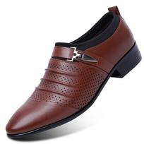 Summer Hollow Out Breathable Men Pointed Toe Leather Dress Shoes Slip On Formal Business Casual Sandals Black Brown White Footwear 38