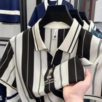 Men's Black And White Vertical Striped Short Sleeve Polo Shirt For Casual Wear M juoda
