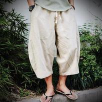 Men Cotton Linen Baggy Wide Leg Pants Men Hanging Crotch Hip Hop Bloomers Pants Men\'s Calf-Length Cross Pants Trousers S smėlis