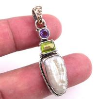 Natural Biwa Pearl,Peridot Gemstone 925 Solid Sterling Silver Pendant 1.75  d7v33