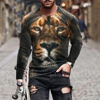 Fashionable Animal Lion Print Men's Long Sleeved T-shirt Casual Oversized Pullover Round Neck Comfortable Top S