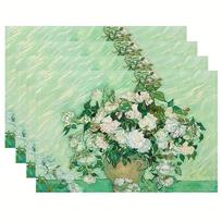 Van Gogh white roses placemat art print linen fabric heat resistant non slip table mat for dining kitchen home decor 4PCS