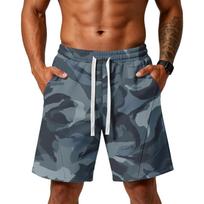 Men Loose Fit Camouflage Print Athletic Training Gym Beach Shorts with Drawstring Waist and Pockets for Sports Activities S mėlyna