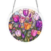 Acrylic Suncatcher Window Hanging Decor Floral Pattern Round Shape with Metal Chain for Indoor Window Decoration Home Ornament One Size