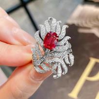 Women's Elegant Sparkling Ruby-Colored Gemstone Ring, Adjustable, Full Diamond-Paved, Luxury Versatile Design, Celebrity Style. Open Adjustable