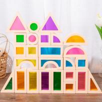 25Pcs Stacking Building Blocks Montessori Toys Construction Toys Colorful Geometry Sensory Toy Wood Rainbow Blocks for Preschool