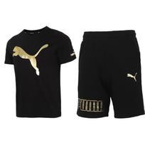 Puma Gold Foil Lolo Print Solid Color Sports Casual Short Sleeve T-Shirt And Shorts Set Men Set Black 533191-01+847590-51 L
