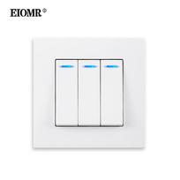 EIOMR EU/UK Standard Wall Light Switch 86*86mm 3 Gang 1 Way/2 Way with LED Indicator for Household Power Supply Recessed Switch 3 Gang 1 Way