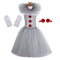 Kids Girls Clown Costume Scary Halloween Dress Up Tutu Dress Gloves Red Hair Pin 6 to 7T
