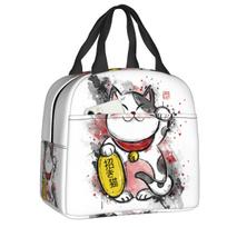 Maneki Neko Insulated Lunch Bag for Women Portable Lucky Fortune Cat Thermal Cooler Bento Box Beach Camping Travel 22x20x13cm
