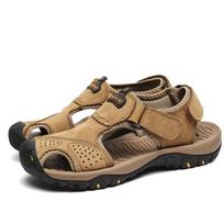 Summer Leather Men Roman Sandals Open Toe Non Slip Casual Outdoor Slippers Beach Walking Water Shoes for Holiday Male 38 chaki