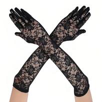 Black Lace Print Mesh Wedding & Evening Gown with Sun Protection Gloves juoda