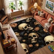 Orange Black Skull Area Rug, Non-Slip Gothic Floor Mat with Red Ribbon Print, Indoor Carpet for Home Decor 40x60cm( 15x23in )