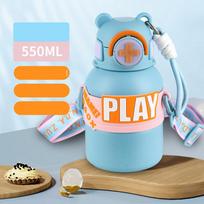 Cute Cartoon Bear Portable Straw Thermos Cup Children Water Bottle Thermos Cup Stainless Steel Bottles mėlyna