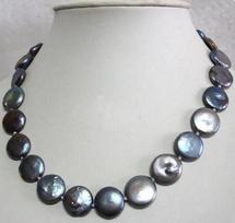 Genuine  Black Coin Pearl Necklace Chain Jewelry