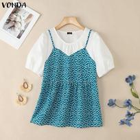 VONDA Women Casual Round Neck Print Patchwork Fake Two-piece Short Sleeve Blouse S ežero mėlyna spalva