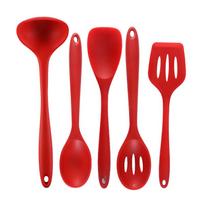 5pcs Silicone Kitchen Utensil Set Non Stick Cookware Spatula Soup Ladle for Baking Frying Steaming raudona