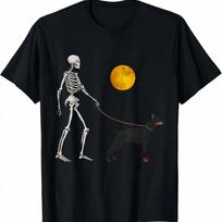 Doberman Skeleton Dog Walking Halloween Costume T-Shirt.Jpg S įvairiaspalvis