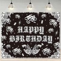 2D Black and White Theatre Mask & Revolver Birthday Photography Background 47.2x31.5inch/120*80cm