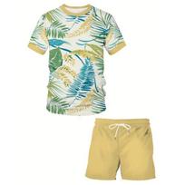 Men's Tropical Leaf Print Set: Vibrant Botanical Pattern Tee with Yellow Shorts. Summer Beach Holiday Streetwear for Vacation Travel S geltona