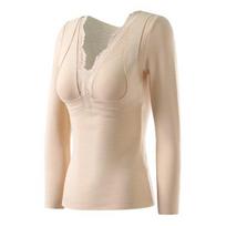 Thermal Bottoming Tops with Built-in Chest Pads DE Velvet Double Layer Warmth Long Sleeve Pullover Tops Solid Color Winter Inner Outer Wear M abrikosas