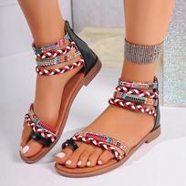Fashion New Ladies Summer Fashion Bohemia Ethnic Colorful Stitching Roman Style Open Toe Zipper Women Flat Fancy Sandals Beach Shoes 35 juoda