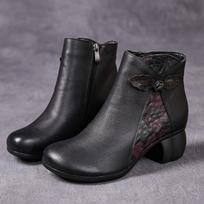 Fashion GKTINOO Genuine Leather Ankle Boots 2025 Winter New Ethnic Printed Women's Boots Soft Soles Thick Heels Mother's Leather Boots 35