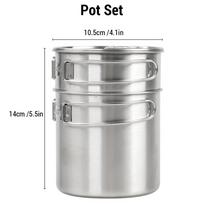 Stainless Steel Camping Pot Set, Portable Camping Cookware Kit with Folding Handle Camping Cooking for 2-3 People Outdoor Backpack Hiking