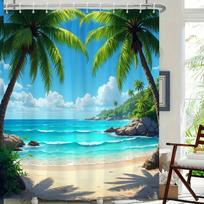 1pc Tropical Beach Scene Shower Curtain - Vibrant Palm Trees, Ocean Waves, and Sunlit Sand, Ideal for Bathroom Decor 90X180CM