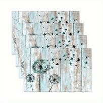 4pcs Dandelion Placemats Turquoise Weathered Wood Background Green Seeds Flying Washable Polyester Table Mats Rustic Home Decor 4PCS