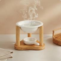 Keraminis aliejaus šildytuvas su bambuko rėmu, medinė aromato lempa, karščiui atspari arbatinė žvakutė, kvapas beige