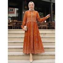 New long dress fungus edge stand-up collar printed loose waist dress S
