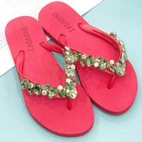 Rhinestone Chain Non-slip Soft Bottom Flat Flip Flops All-match Fashion Comfortable Beach Casual Slippers for Women Summer 35 raudona