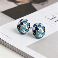 Elegant Blue Glazed Flower Oval Stud Earrings auksas