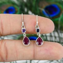 Solid 925 Sterling Silver Dyed Ruby Amethyst Gemstone Women Dangle Drop Earring Gift For Her