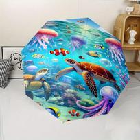 Vibrant Underwater Life Folding Umbrella - Automatic Open, 8-Rib Sturdy Iron Frame, Portable Travel Umbrella with Colorful Oce