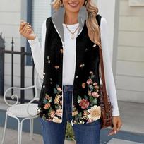 Women's Retro Printed Fashionable Warm Fleece Cardigan Vest Coat M juoda