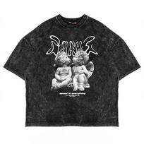 Vintage texture art lettering angel statue print T-shirt short sleeved loose fitting unisex trendy daily casual top S juoda