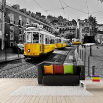 Retro 3D Sieninė tapyba Europos Gatvė Geltonas Tramvajus Juoda Ir Balta Miesto Pastato Tapetai Kavinė Restoranas 3D Sienų Tapybos Dekoras 200 cm(W) x 140 cm(H)