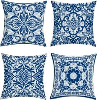 4pcs Blue White Floral Damask Mandala Printed Pillow Cover Polyester Cushion Case 2D Flat Printing Vintage Home Decor Now 4PCS