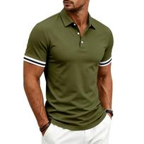 Men's Short Sleeve Polo Shirt Classic Fit Button Down Collar Casual Summer Top with Striped Sleeve Detail L